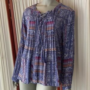 Ruff Hewn Womens Peasant Blouse Blue Tassel Tie Pleated Front Tunic Size XL